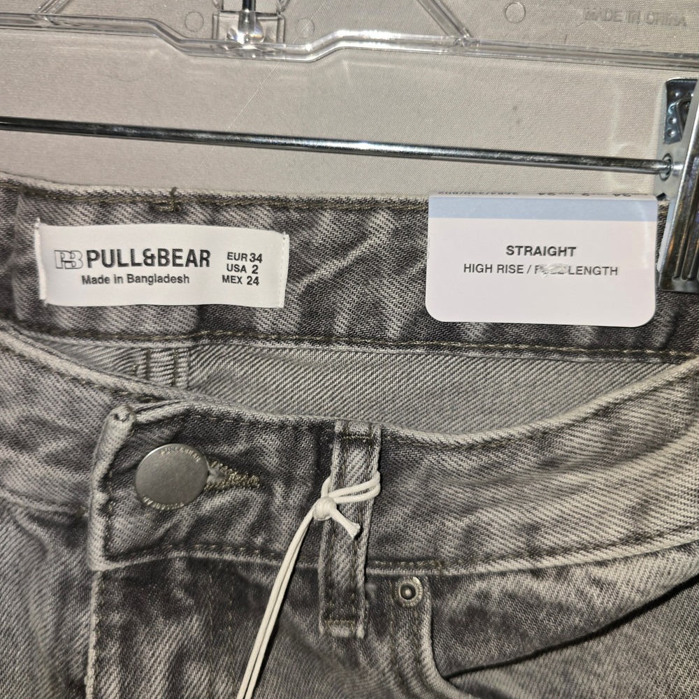 Pull&Bear Jeans 2 Women Grey Straight Leg High Rise Raw Hem Acid Wash - Picture 9 of 9